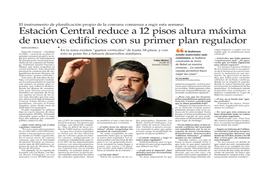 Estación Central reduce a 12 pisos altura máxima de nuevos edificios con su primer plan regulador